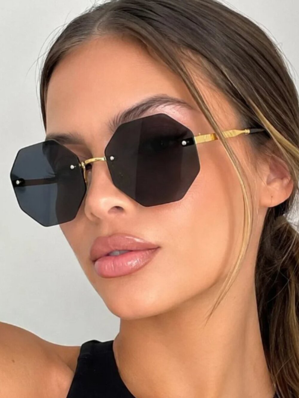 Oversized Octagon Rimless Sunglasses Black Gold Retro Luxury Fashion Shades